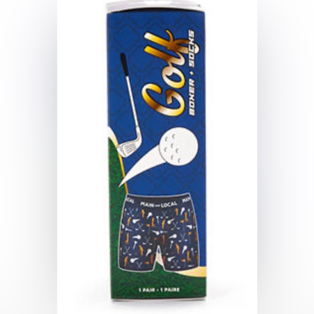 Local & Main Men’s Size S Golf Novelty Boxers & Socks Gift Set Blue Holiday Bday